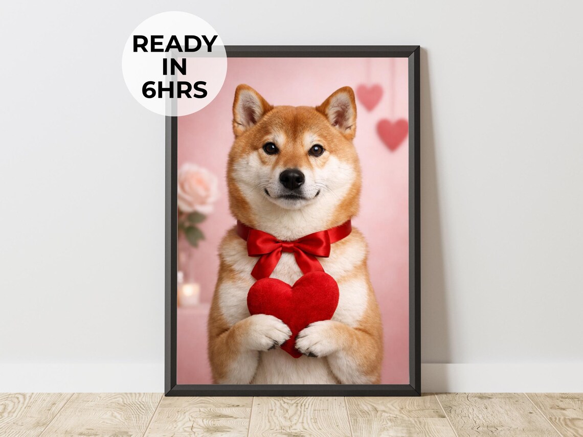 Custom Valentine Pet Portrait, Heart Ribbon Art Print