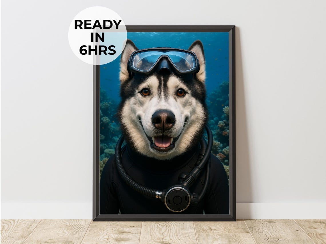 Custom Husky Scuba Diver Portrait Coral Reef Funny Pet Poster