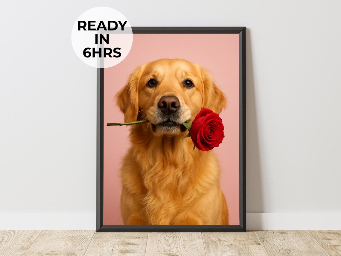 Golden Retriever Red Rose Valentines Day Romantic Cute Dog Love Wall Art