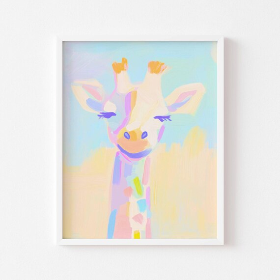 Cheerful Pastel Giraffe Face in Soft Rainbow Brushstrokes Poster