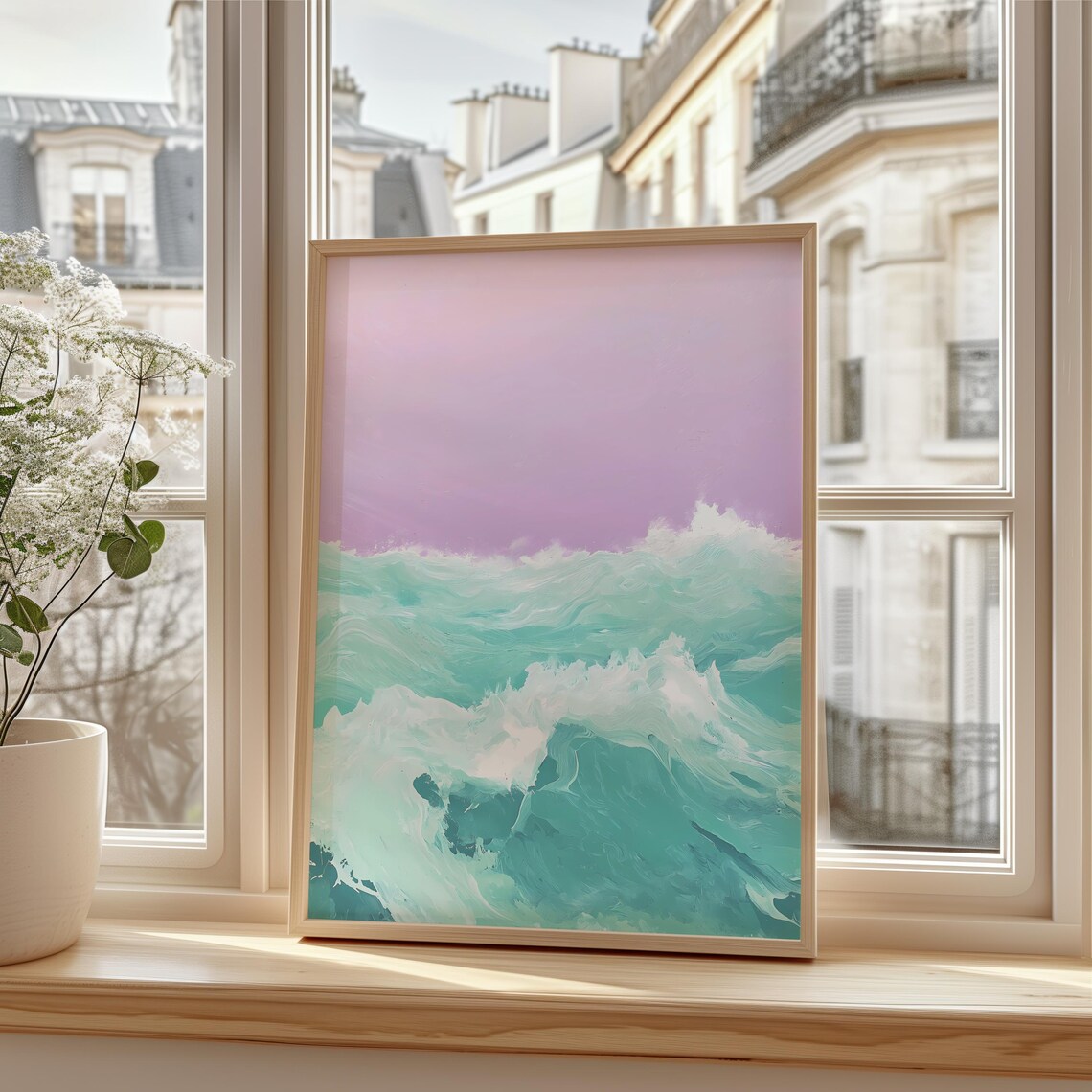 Turquoise Sea Under Parma Purple Sky, Pastel Art - Image 2