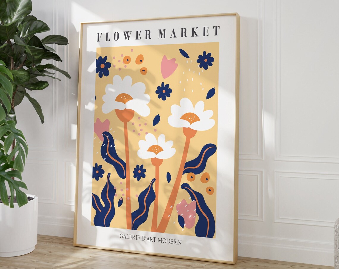 Flower Market Mustard Daisy Navy Leaf Galerie Modern Botanical Poster