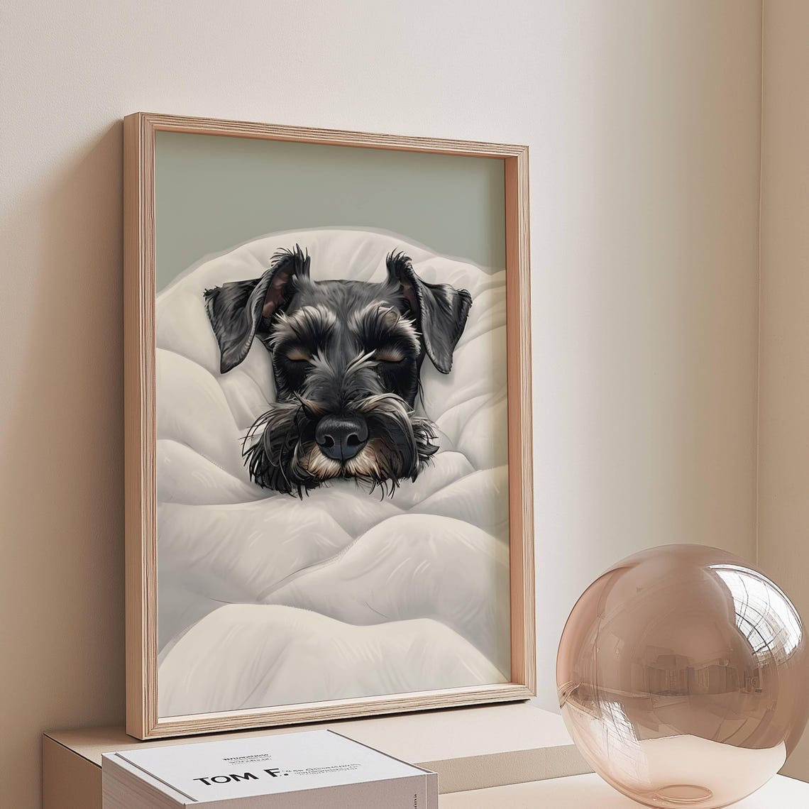 Miniature Schnauzer Dog Sleeping Cozy Bed Soft Warm Beige Poster