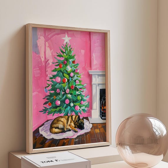 Sleeping German Shepherd Under Christmas Tree Pink Holiday Poster