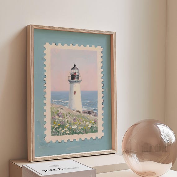 Lighthouse Stamp Art Print, Coastal Maximalist Decor