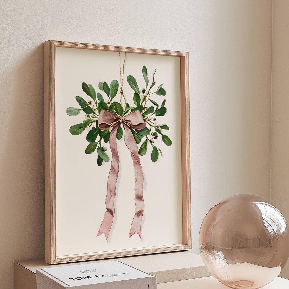 Coquette Pink Bow Mistletoe Art Print, Romantic Floral Christmas