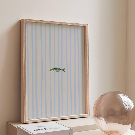 Sardine Minimalist Blue Striped Kitchen Coastal Fish Art Poster