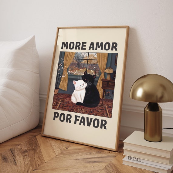Cat Love Poster More Amor Por Favor Print Minimalist Cats Wall Art Retro Funny Cute File