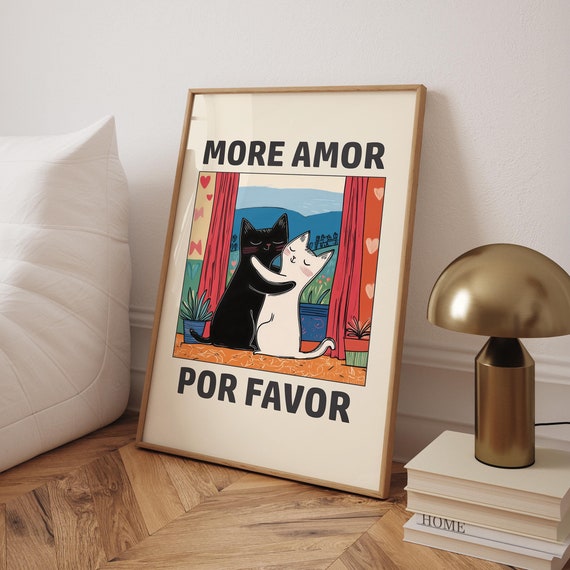 Cat Love Poster More Amor Por Favor Print Minimalist Cats Wall Art Retro Funny Cute File