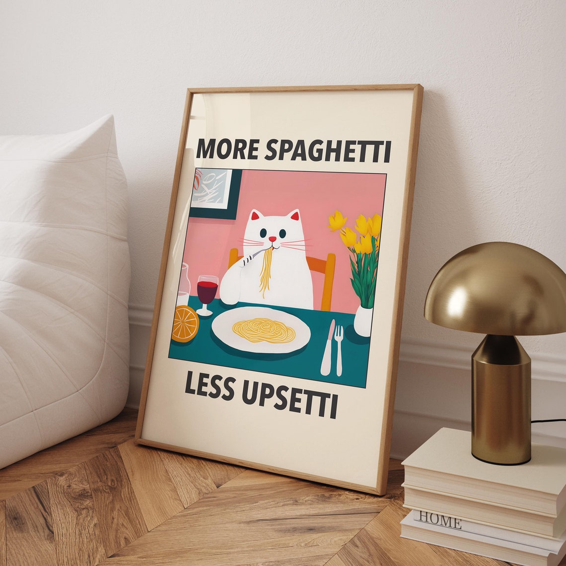 Funny White Cat Eating Spaghetti More Spaghetti Less Upsetti Poster