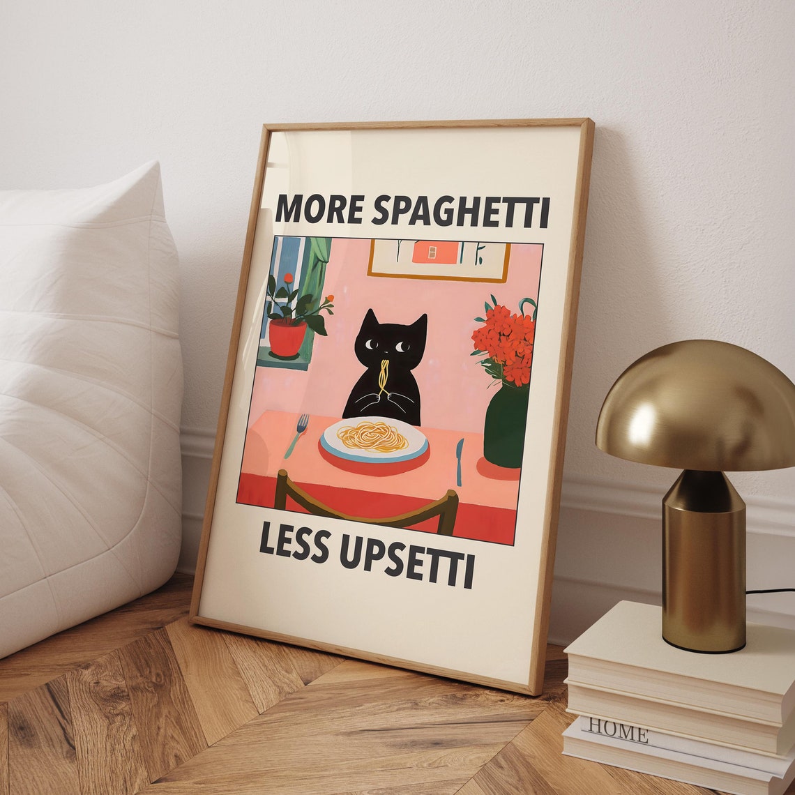More Spaghetti Less Upsetti Black Cat Retro Funny Kitchen Poster