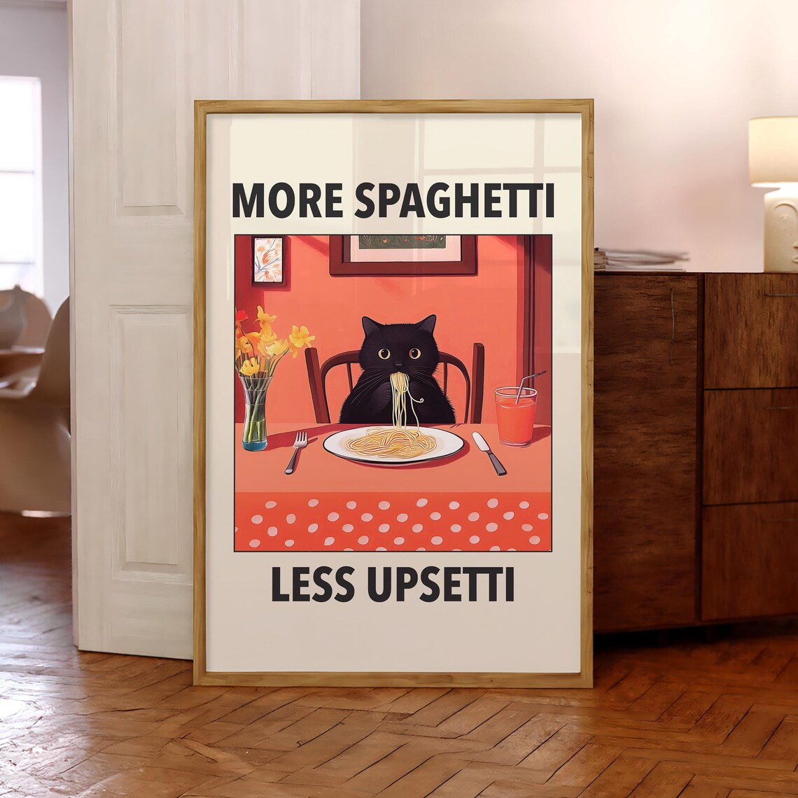 More Spaghetti Less Upsetti Funny Black Cat Retro Diner Poster Art