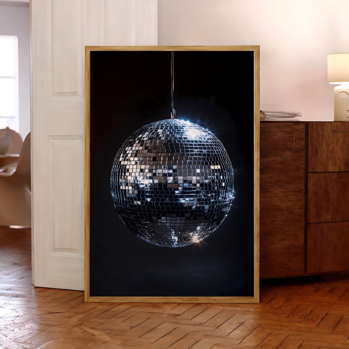 Sparkling Disco Ball On Black Background Retro 70s Glam Poster