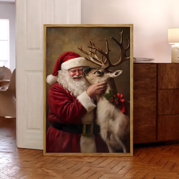 Santa Claus Hugging Reindeer Vintage Christmas Holiday Magic Poster
