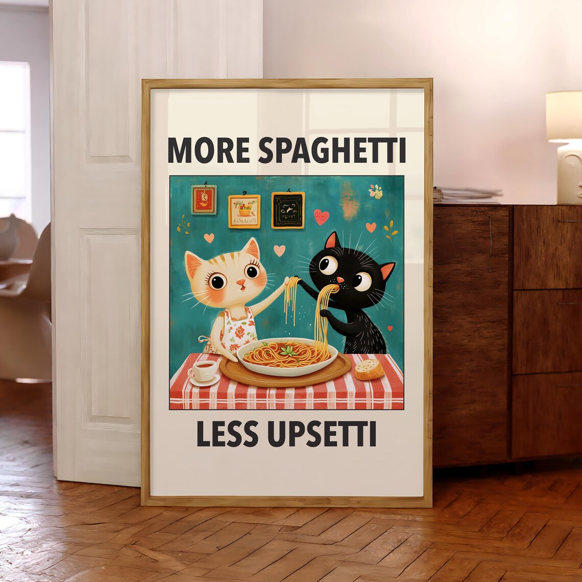 More Spaghetti Less Upsetti Cats Italian Kitchen Funny Poster
