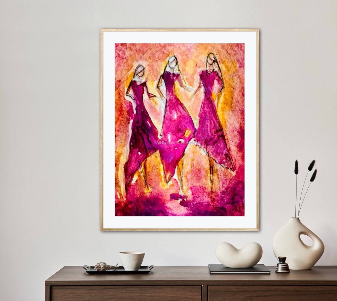 Friendships Abstract Watercolor Three Women Dancing Pink Art Poster - Image 4
