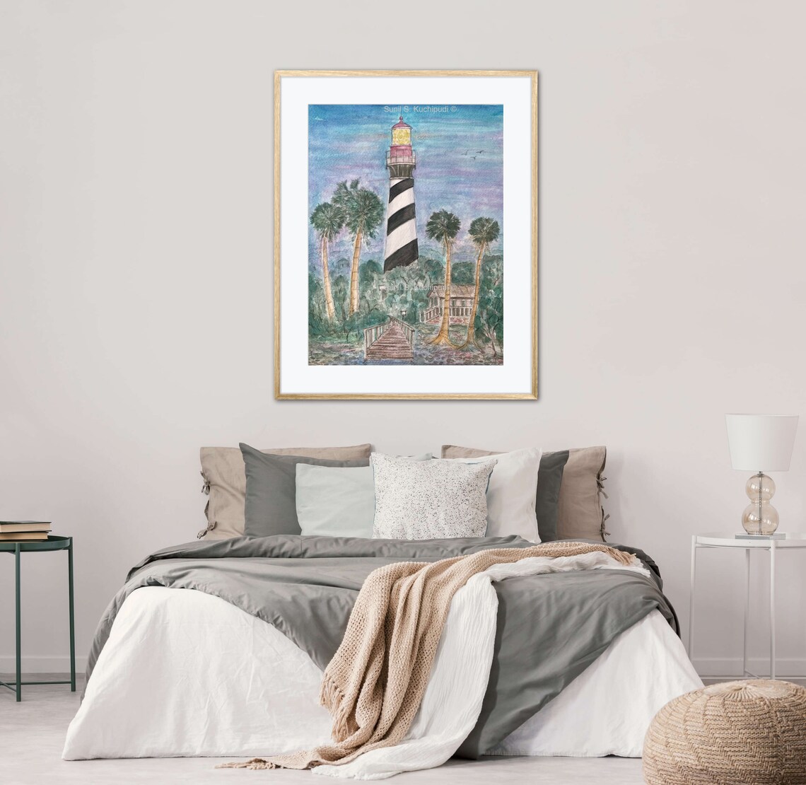 St Augustine Lighthouse at Dusk Watercolor Palm Boardwalk Art Poster - Image 4