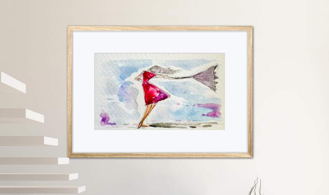 Girl in the Rain Red Dress Watercolor Windy Umbrella Scene Art Poster - Image 2
