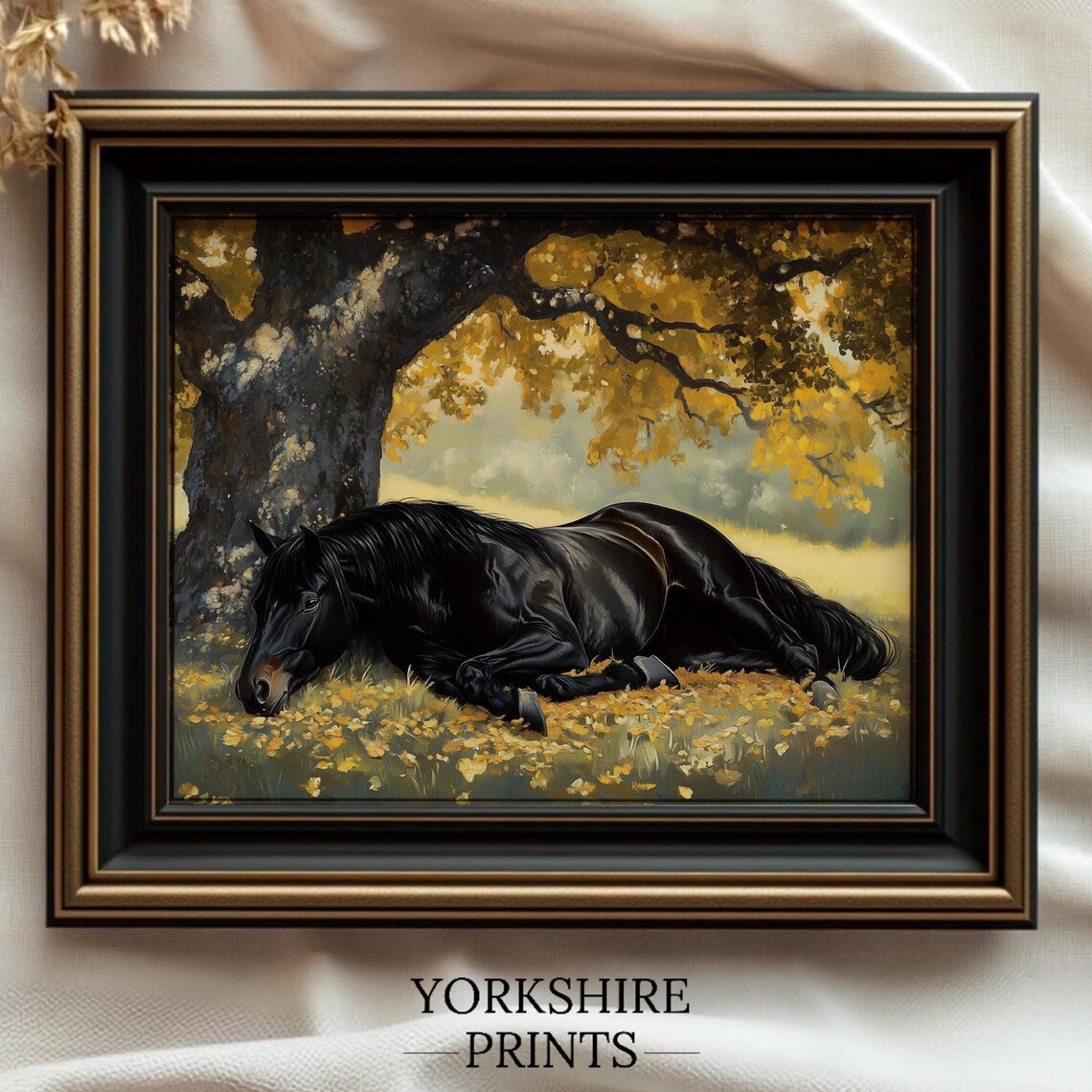 Black Stallion Under Autumn Tree, Rustic Horse Art Print