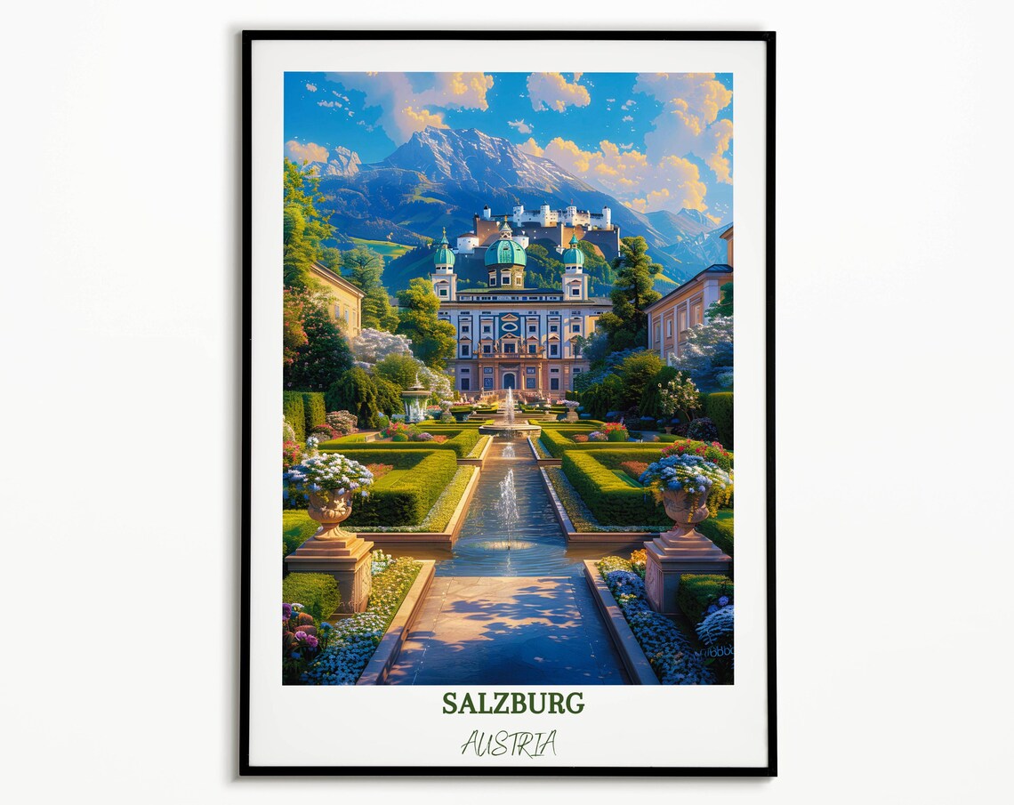Salzburg Austria Mirabell Palace Gardens Fortress View Travel Poster