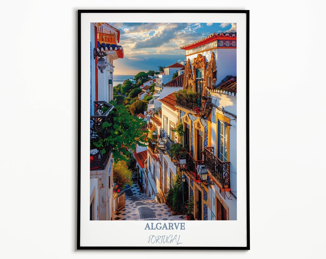 Algarve Portugal Faro Old Town Street Sunset Vintage Travel Poster