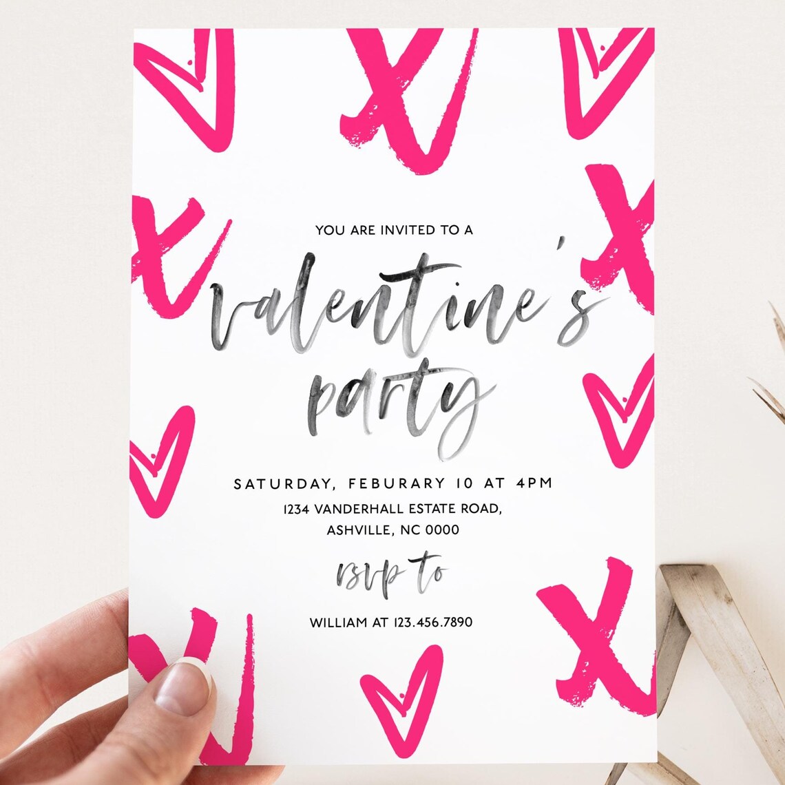 Editable Xoxo Pink Valentines Party Invitation Template Print