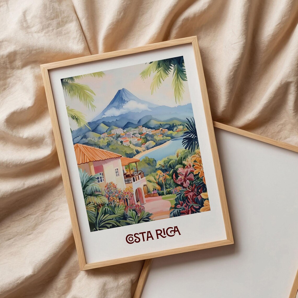 Costa Rica Volcano Lake Town Watercolor Tropical Travel Poster - Image 3