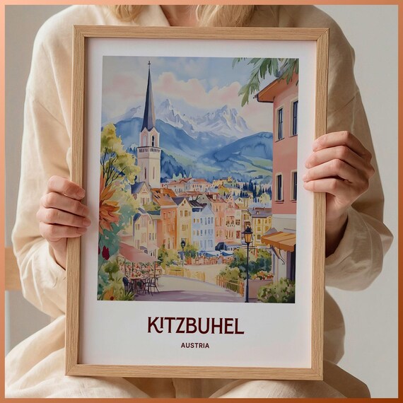 Kitzbuhel Alpine Old Town Austria Watercolor Travel Poster Tyrol