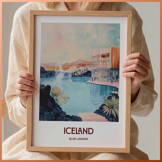 Iceland Blue Lagoon Watercolor Geothermal Spa Rocky Shores Travel Poster
