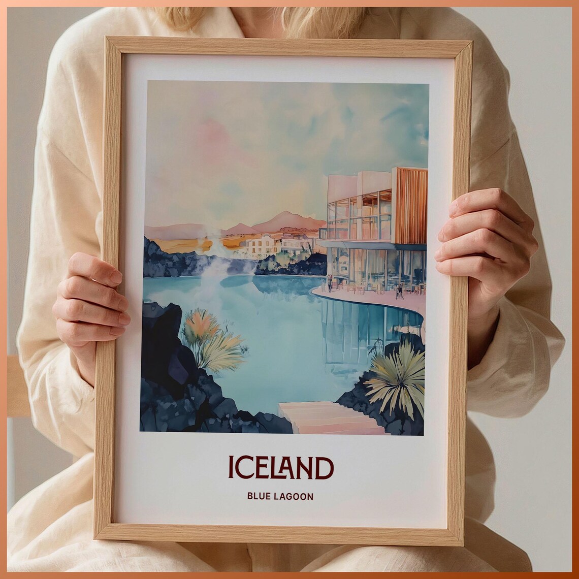 Iceland Blue Lagoon Watercolor Geothermal Spa Rocky Shores Travel Poster