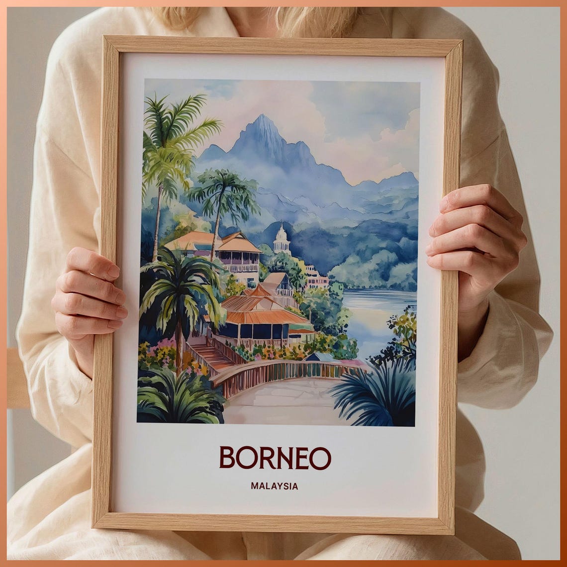 Borneo Malaysia Watercolor Jungle Rainforest Mountain Poster