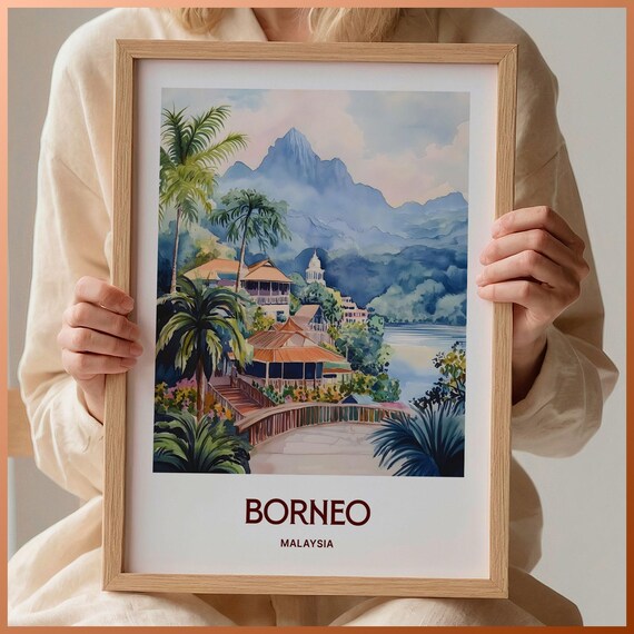 Borneo Malaysia Watercolor Jungle Rainforest Mountain Poster