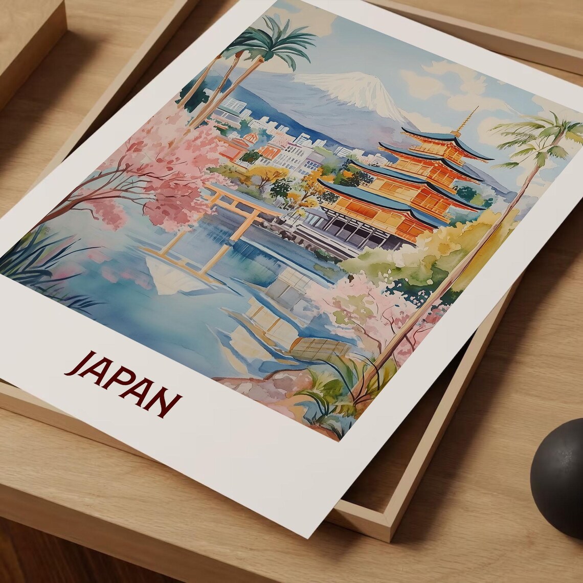 Japan Watercolor Mount Fuji Golden Pagoda Cherry Blossom Poster - Image 2