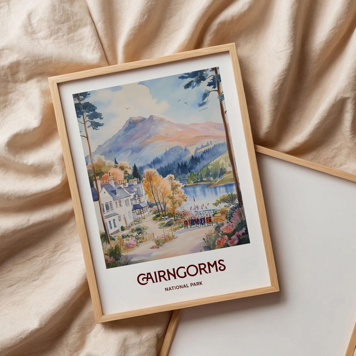 Cairngorms National Park Watercolor Loch Mountains Village Scene Poster - Image 3
