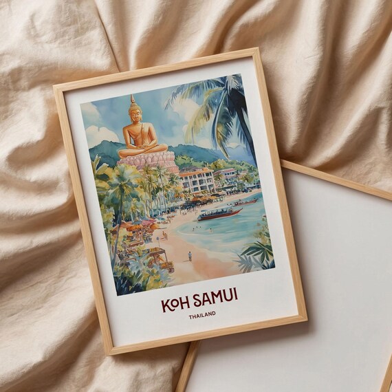 Koh Samui Thailand Big Buddha Beach Watercolor Travel Poster Island
