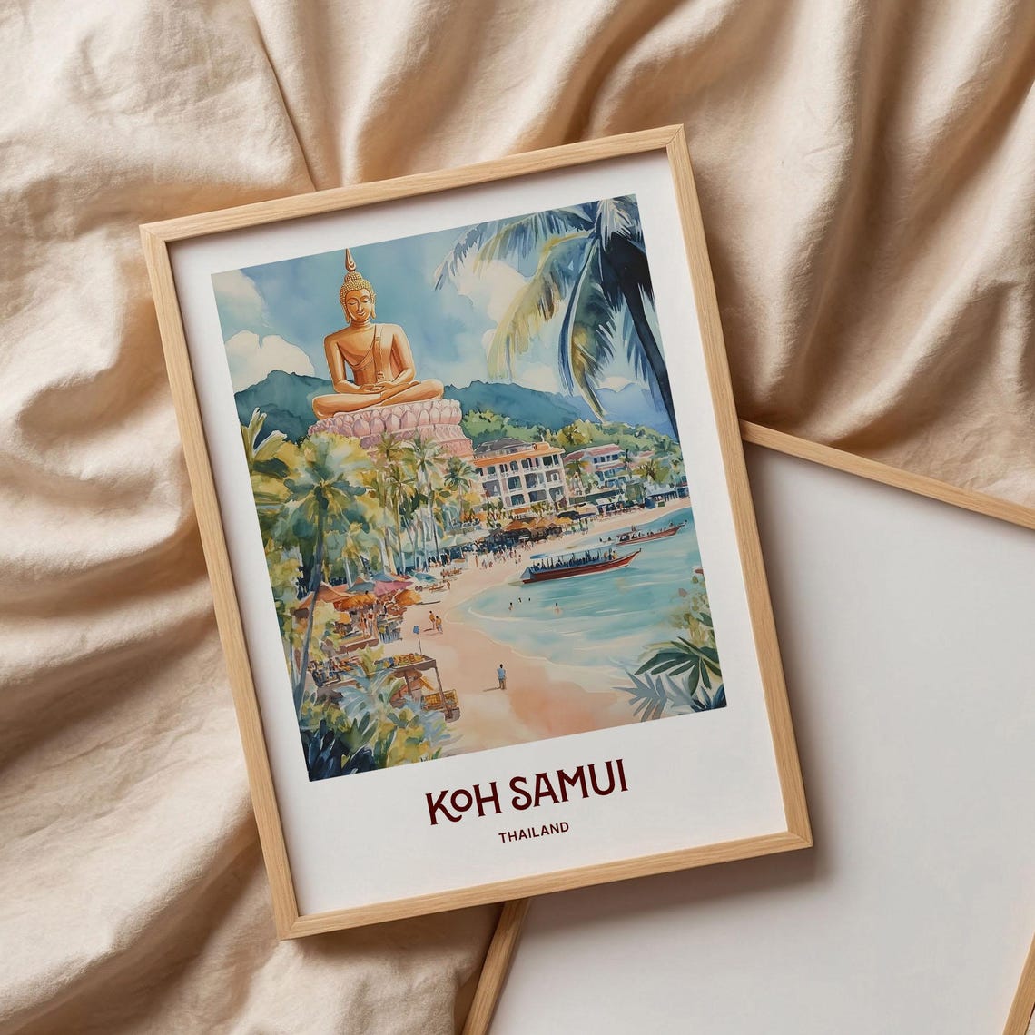 Koh Samui Thailand Big Buddha Beach Watercolor Travel Poster Island