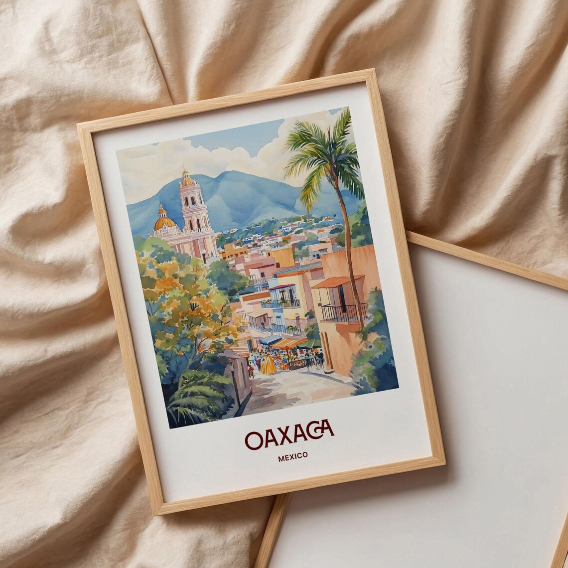 Oaxaca Mexico Cathedral Mountain Street Market Watercolor Travel Poster - Image 3