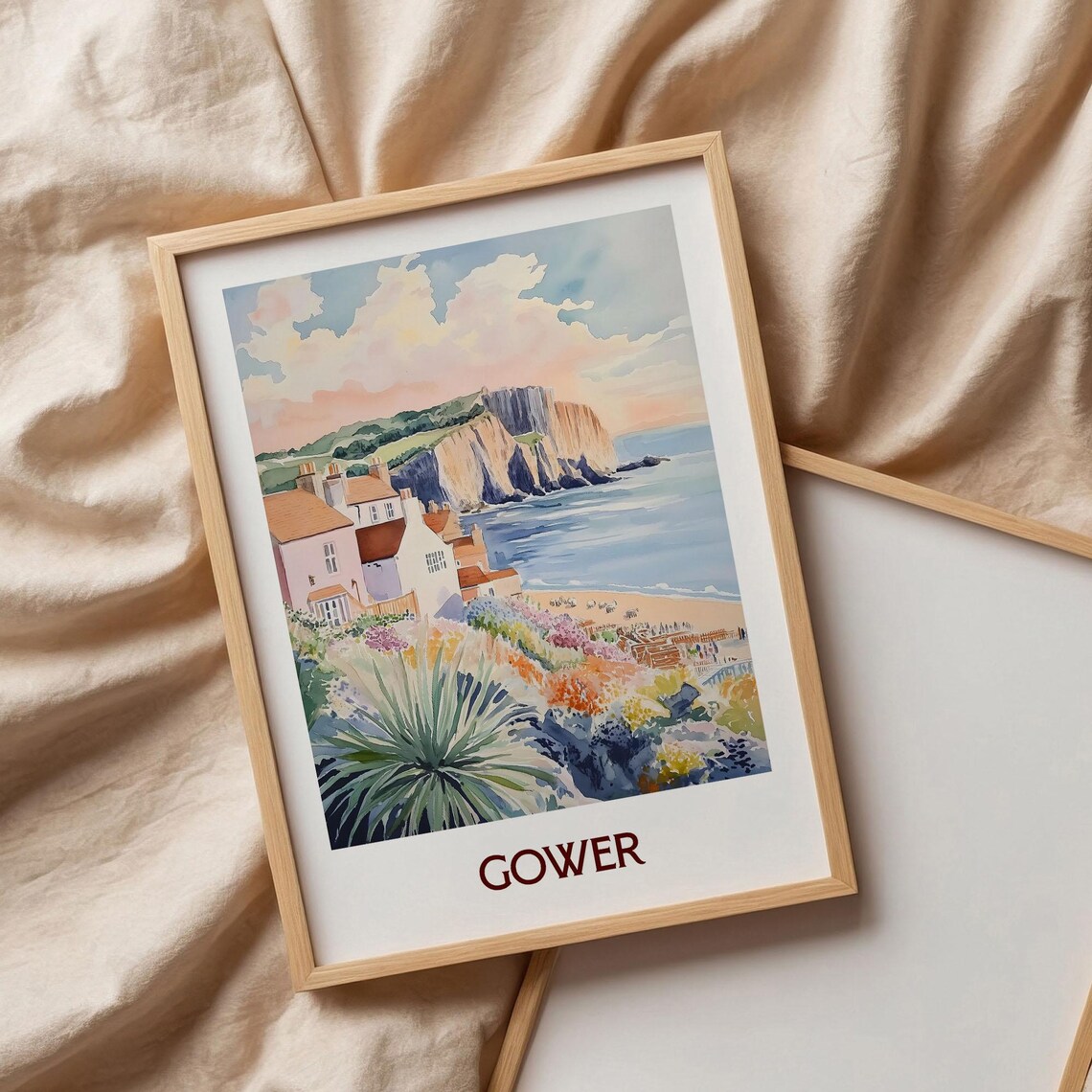 Gower Coastal Cliffs Village Beach Seaside Watercolor Travel Poster - Image 3