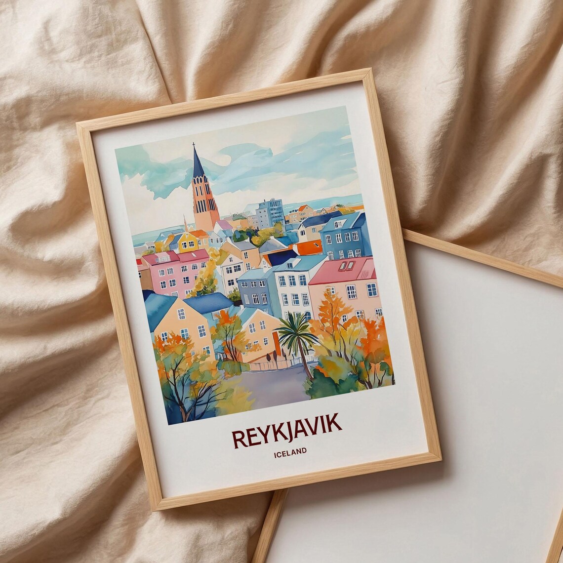 Reykjavik Iceland Hallgrimskirkja Colorful Houses Watercolor City Poster - Image 3