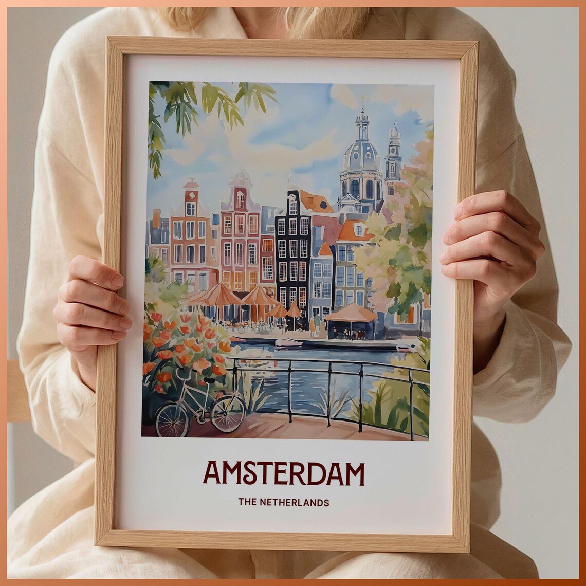 Amsterdam Netherlands Canal Gabled Houses Bike Tulips Watercolor Travel Poster