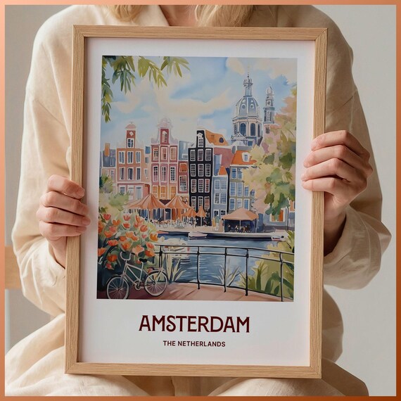 Amsterdam Netherlands Canal Gabled Houses Bike Tulips Watercolor Travel Poster