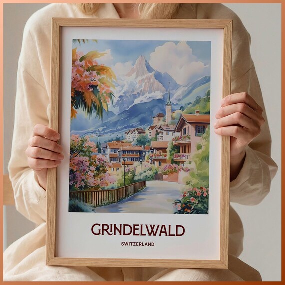 Grindelwald Switzerland Alpine Village Watercolor Poster Peak View
