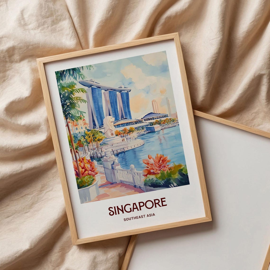 Singapore Marina Bay Sands Merlion Waterfront Pastel Skyline Poster - Image 3