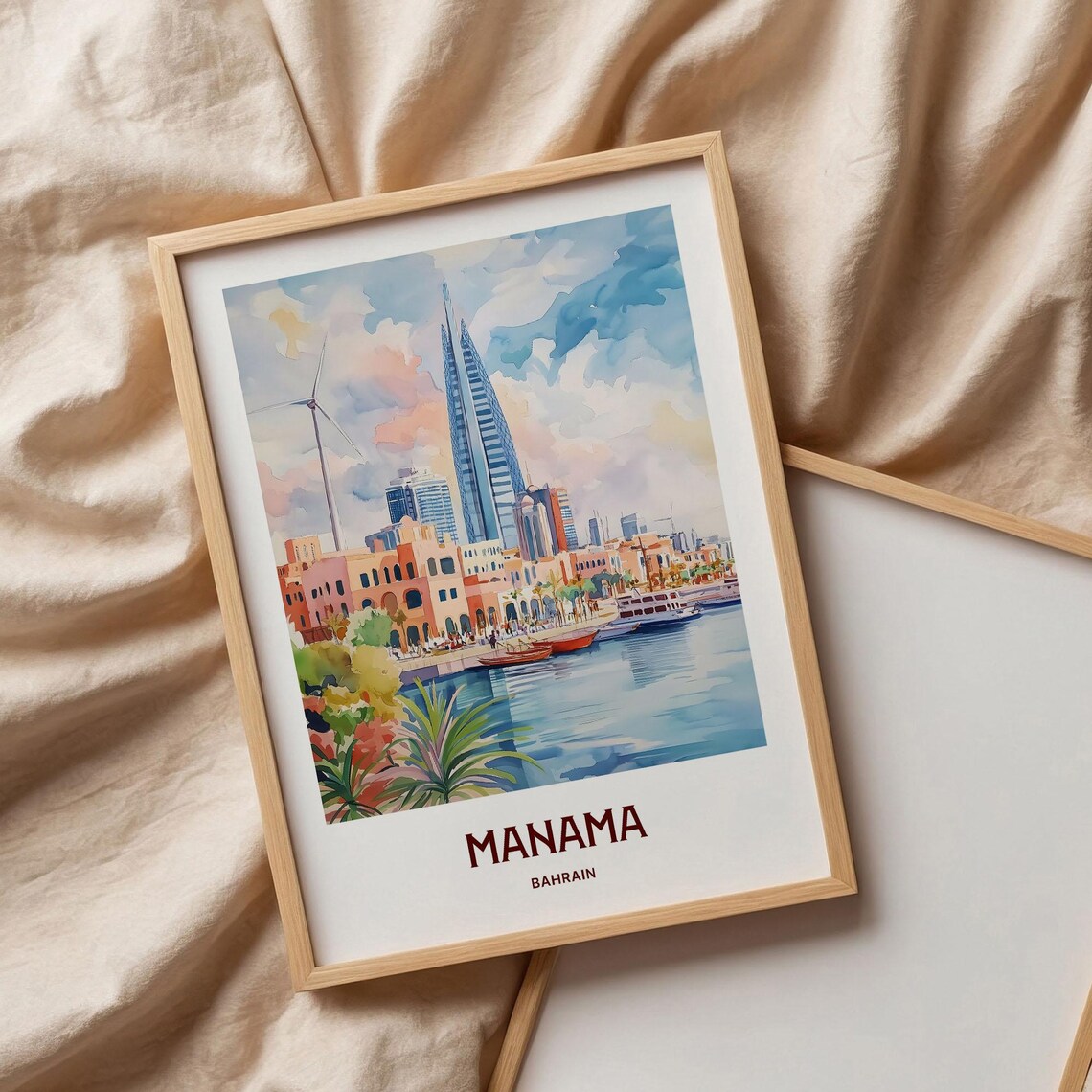 Manama Bahrain Skyline Harbor Towers Watercolor Travel Poster Gulf - Image 3