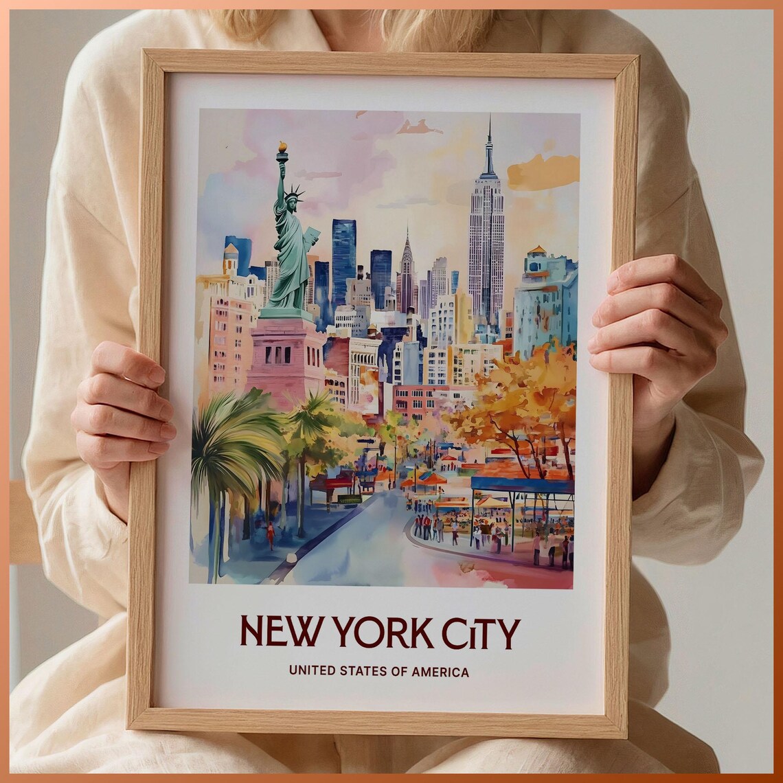New York City Statue Of Liberty Skyline Watercolor Travel Poster