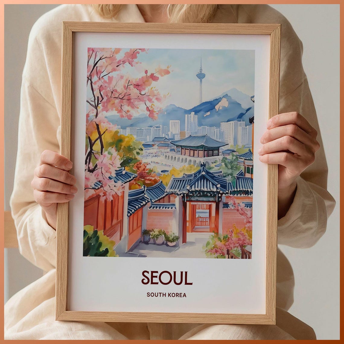 Seoul South Korea Cherry Blossom Palace Watercolor Travel Poster