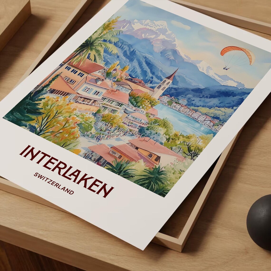 Interlaken Switzerland Alpine Lake Paraglider Watercolor Travel Poster - Image 2