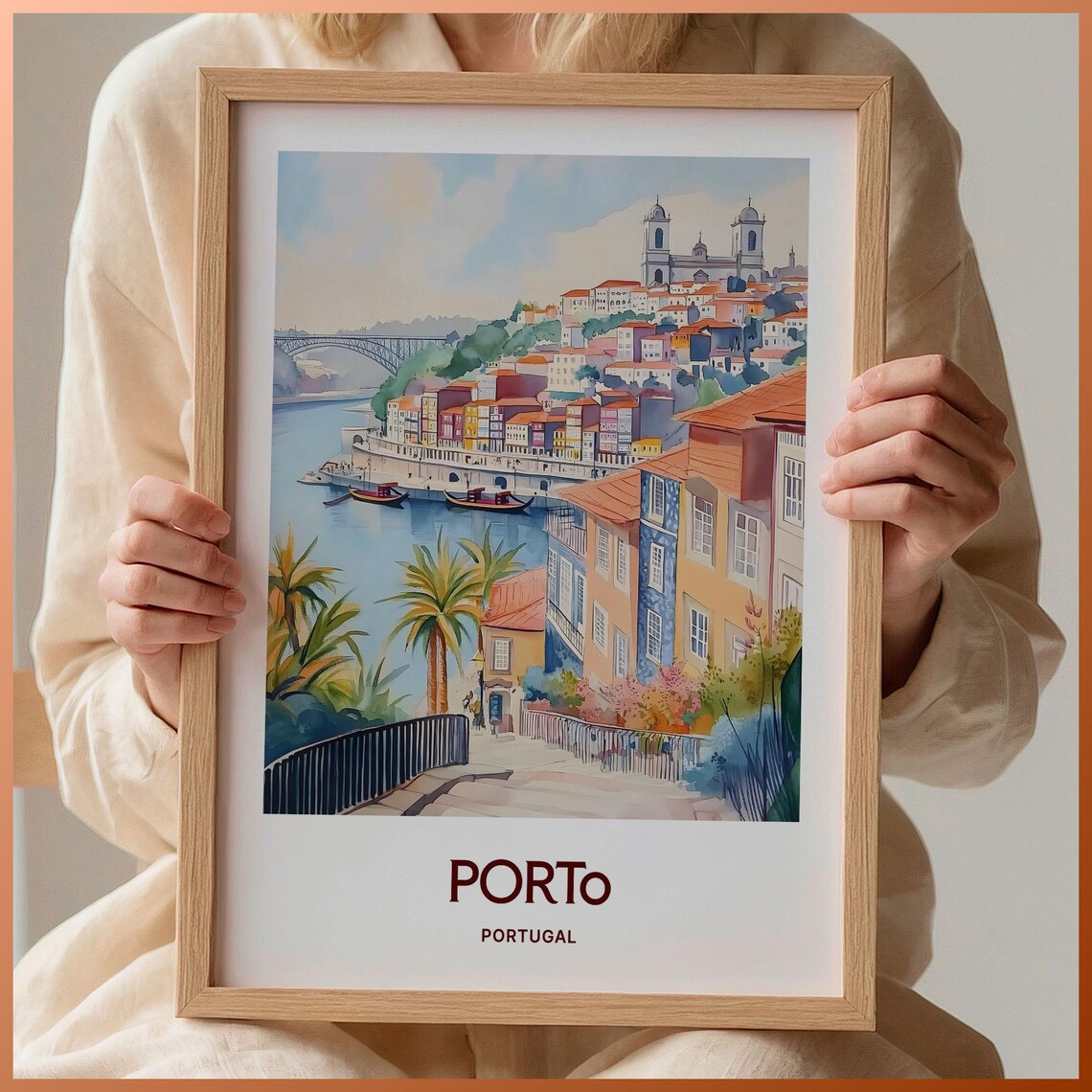 Porto Portugal Riverside Ribeira Bridge Watercolor Travel Poster