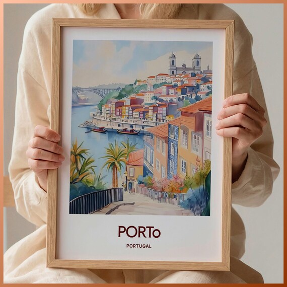 Porto Portugal Riverside Ribeira Bridge Watercolor Travel Poster
