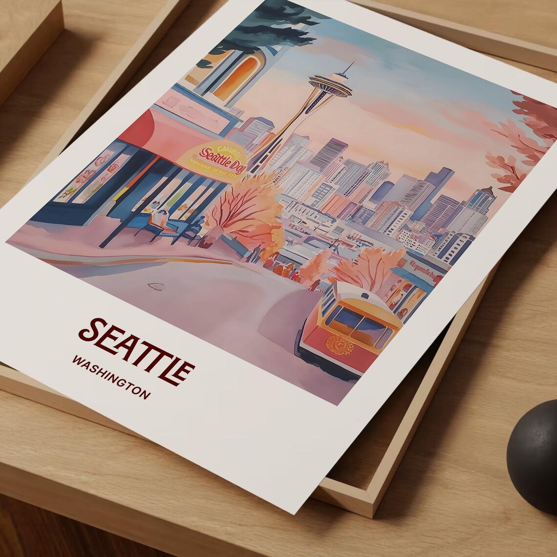 Seattle Washington Space Needle Skyline Trolley Watercolor Travel Poster - Image 2